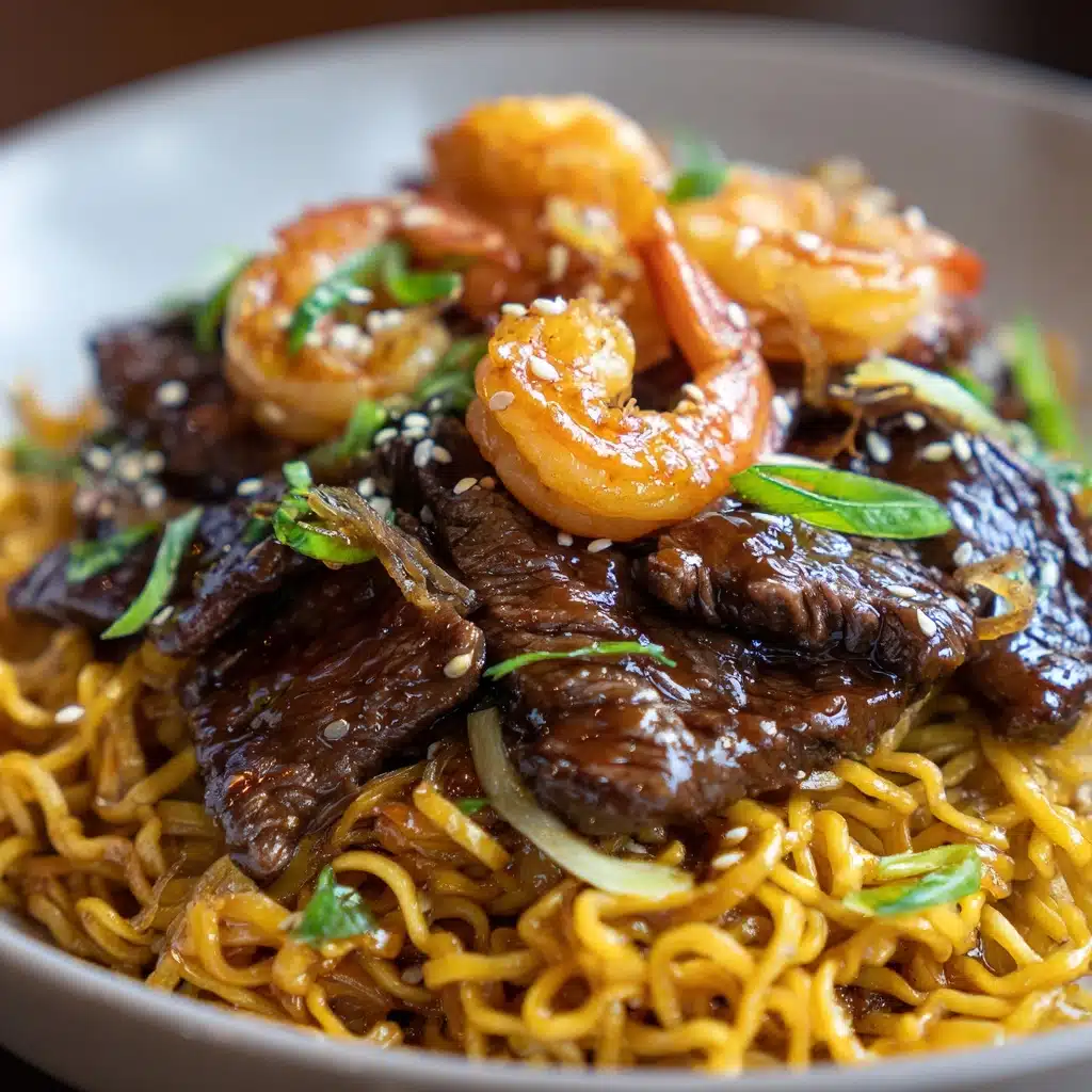 Garlic Butter Steak and Shrimp Stir-Fried Noodles Recipe - Recipe Image