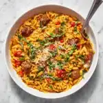 Ground Beef Orzo with Tomato Cream Sauce Recipe