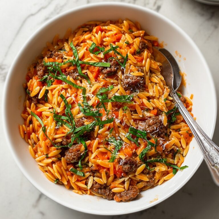 Ground Beef Orzo with Tomato Cream Sauce Recipe
