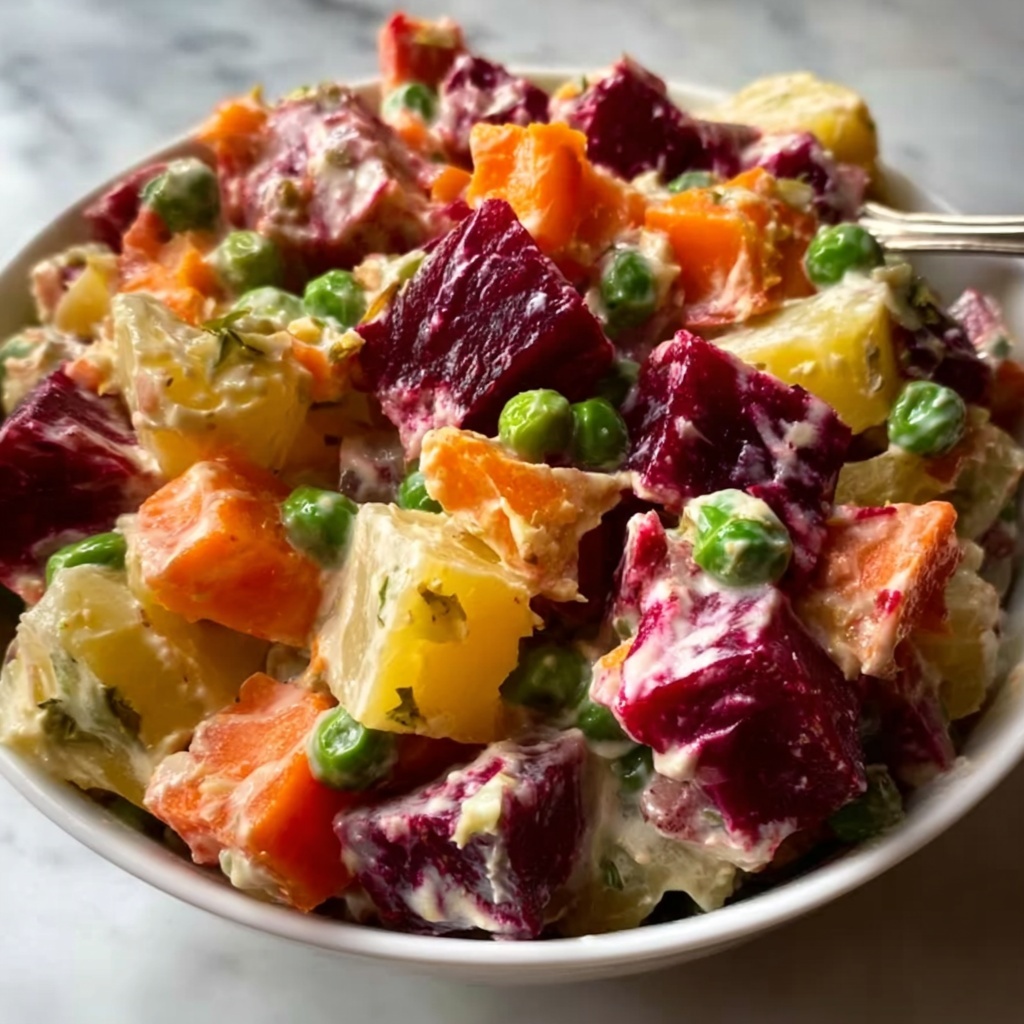 Russian Beet Salad with Potatoes, Pickles, and Green Peas Recipe - Recipe Image