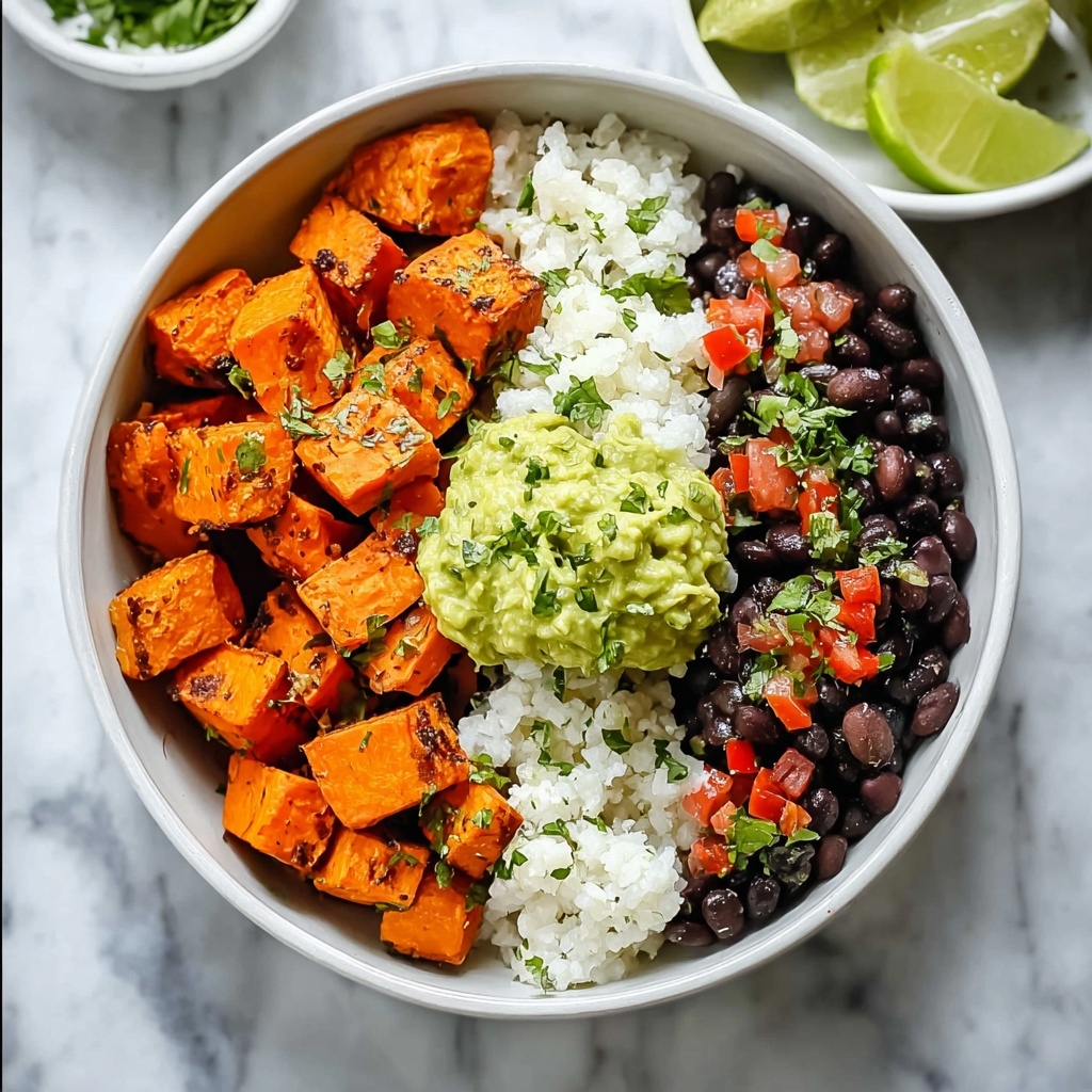 Vegan Sweet Potato Burrito Bowl with Cilantro Lime Rice and Creamy Tahini Dressing Recipe - Recipe Image