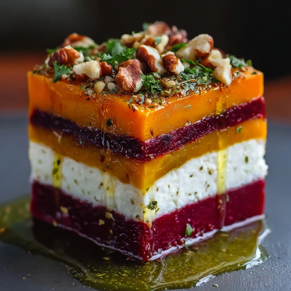 Sweet Potato & Beet Stacks with Burrata, Walnuts, and Basil Pesto Recipe - Recipe Image
