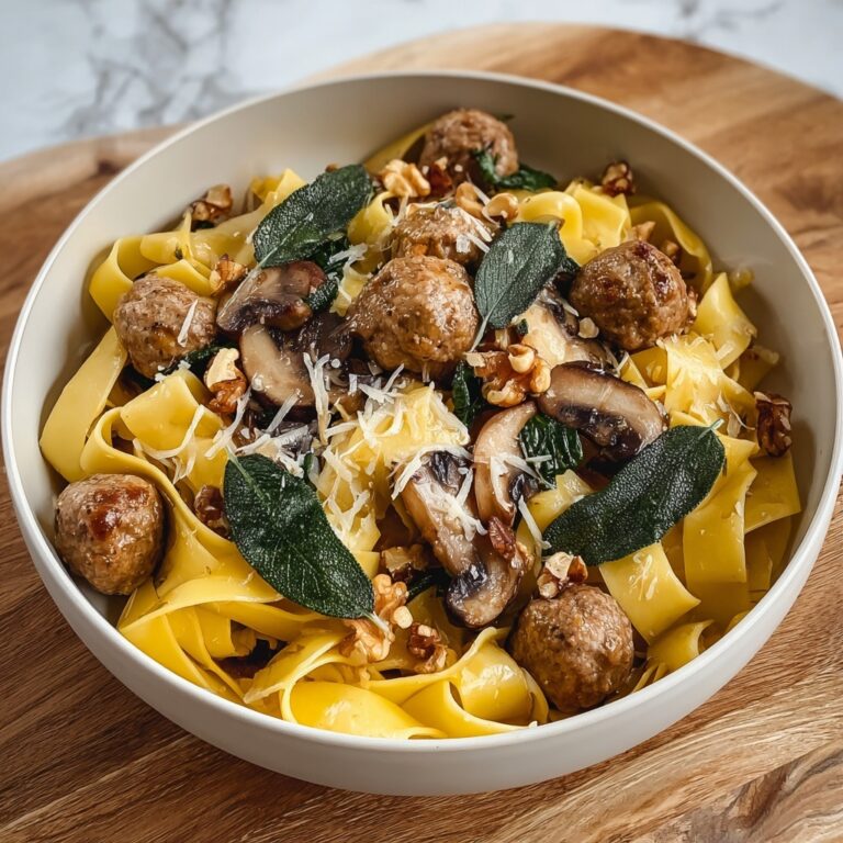 Winter Pasta with Mushrooms, Sausage Meatballs, Walnuts & Crispy Sage Recipe