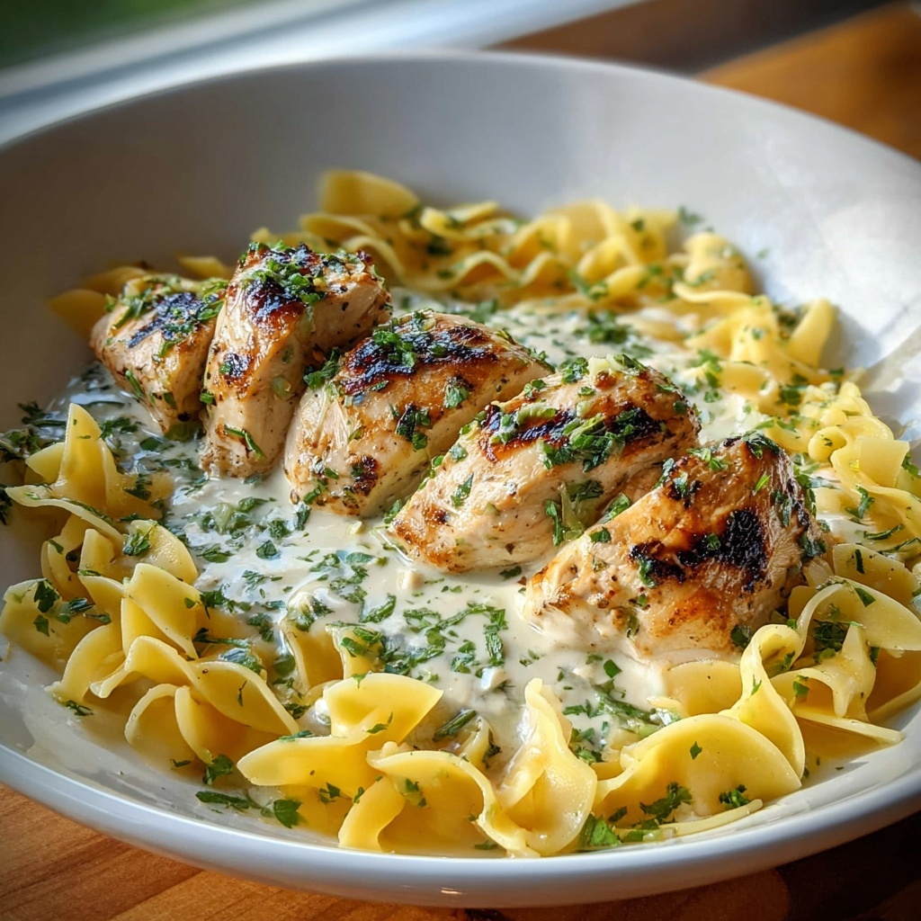 One Pan Creamy Garlic Butter Chicken with Egg Noodles Recipe - Recipe Image