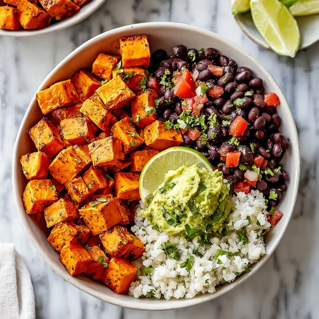 Vegan Sweet Potato Burrito Bowl with Cilantro Lime Rice and Creamy Tahini Dressing Recipe - Recipe Image