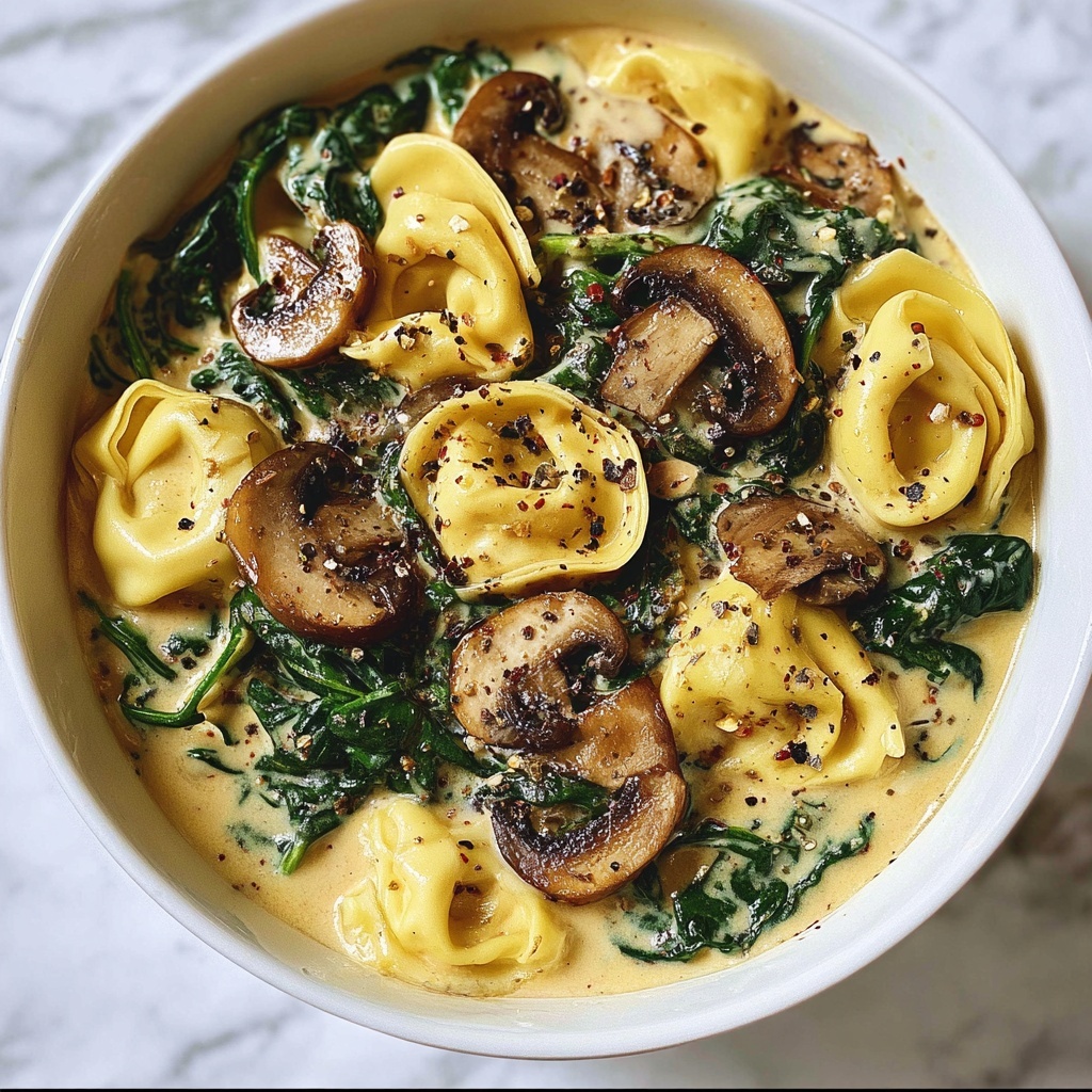 Creamy Spinach Mushroom Tortellini with Caramelized Onions Recipe - Recipe Image