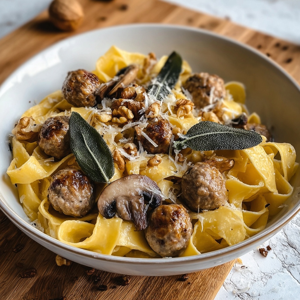 Winter Pasta with Mushrooms, Sausage Meatballs, Walnuts & Crispy Sage Recipe - Recipe Image