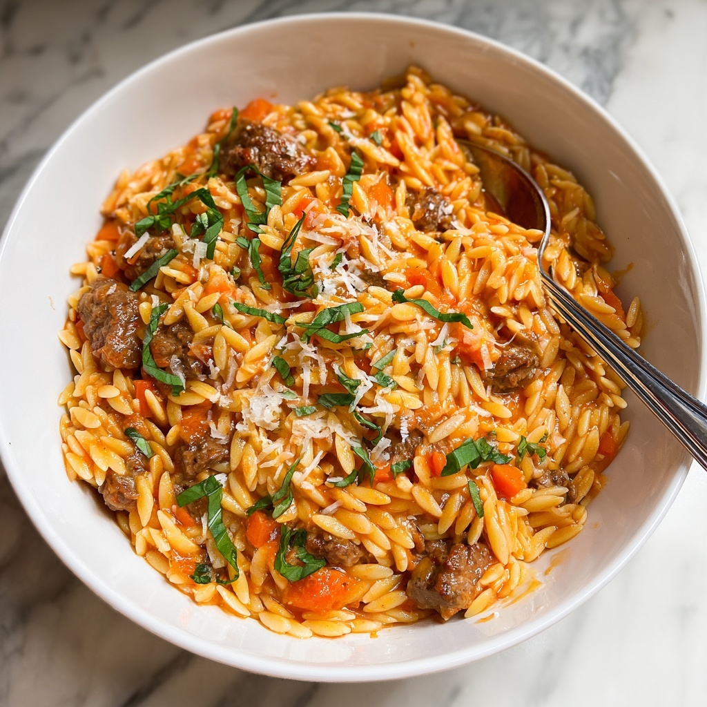 Ground Beef Orzo with Tomato Cream Sauce Recipe - Recipe Image