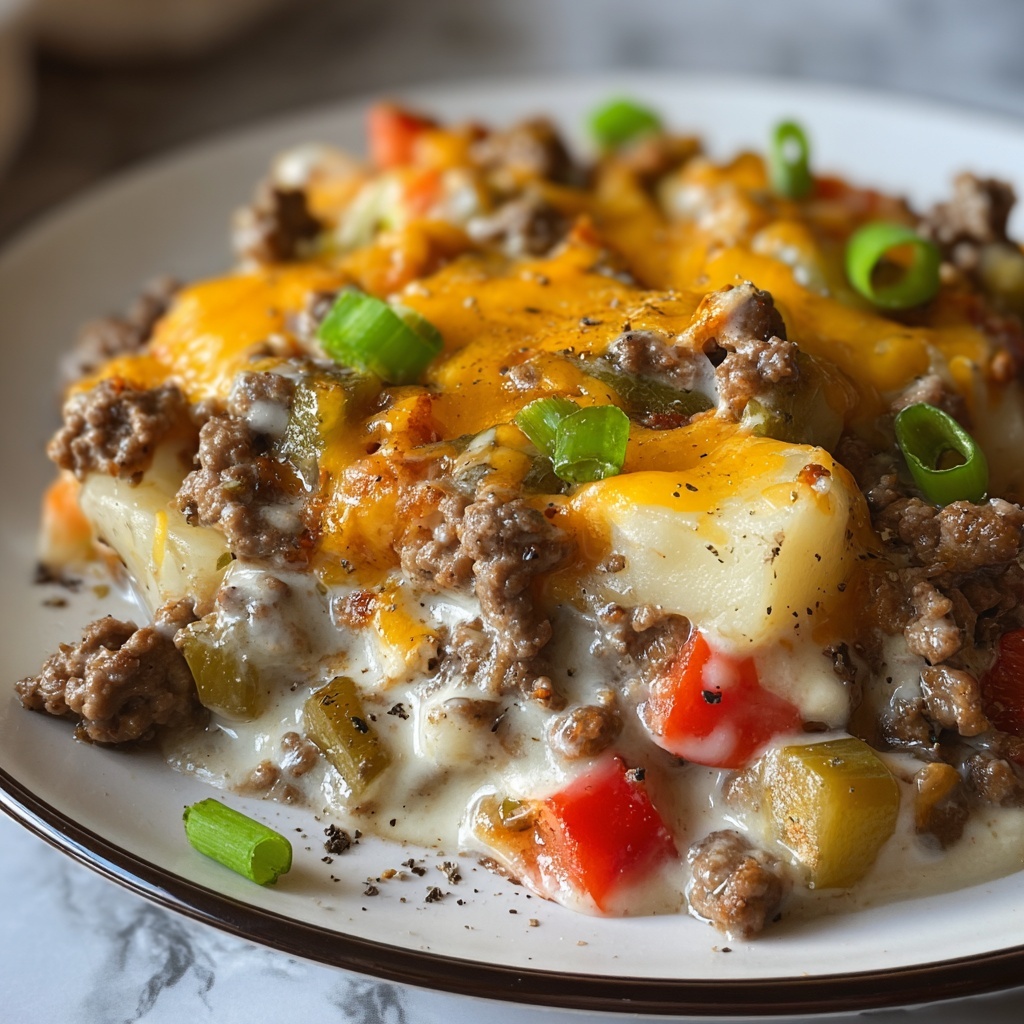 Crockpot Cheesesteak Potato Casserole Recipe - Recipe Image
