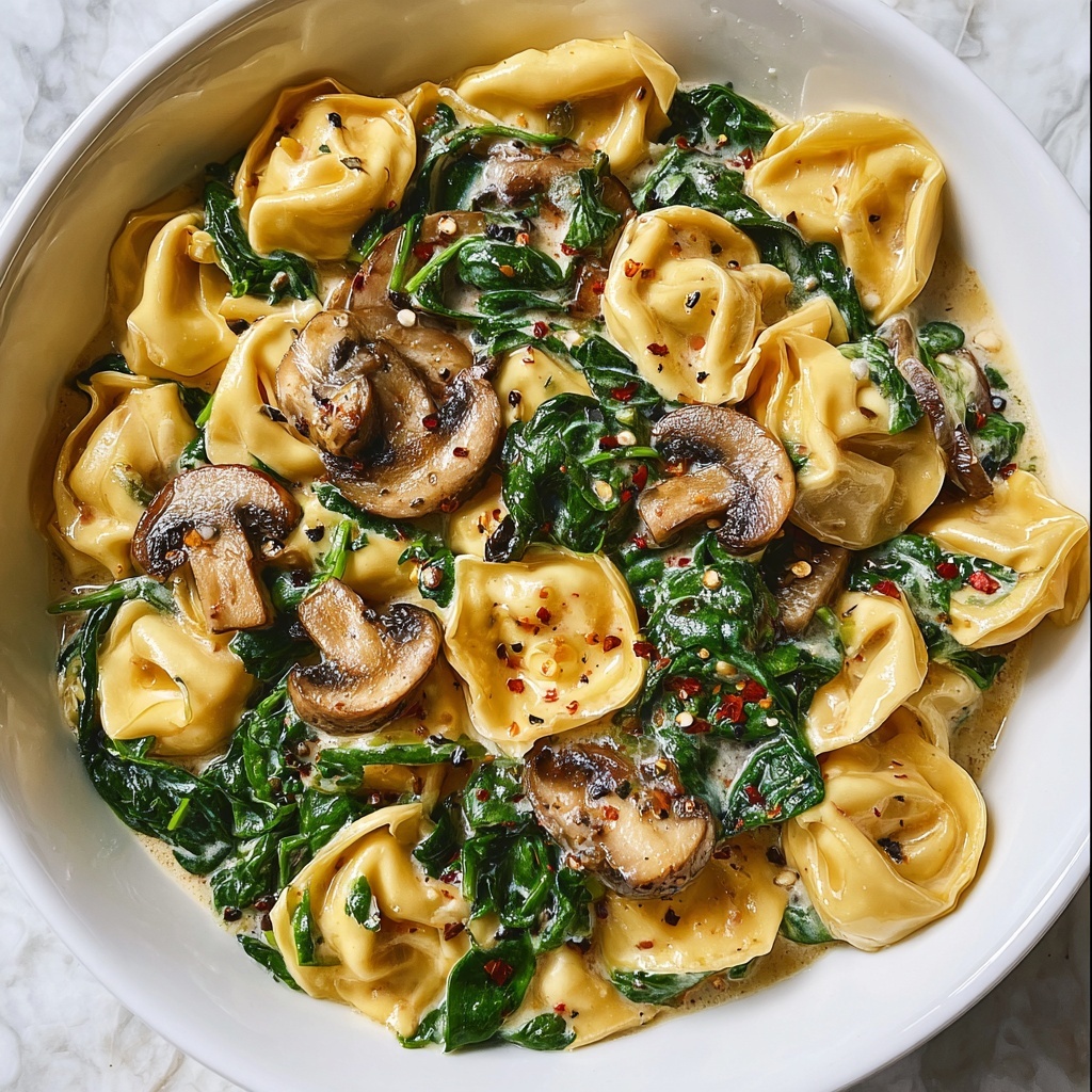 Creamy Spinach Mushroom Tortellini with Caramelized Onions Recipe - Recipe Image