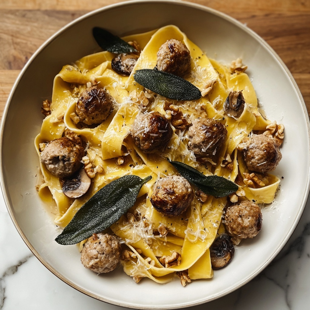 Winter Pasta with Mushrooms, Sausage Meatballs, Walnuts & Crispy Sage Recipe - Recipe Image