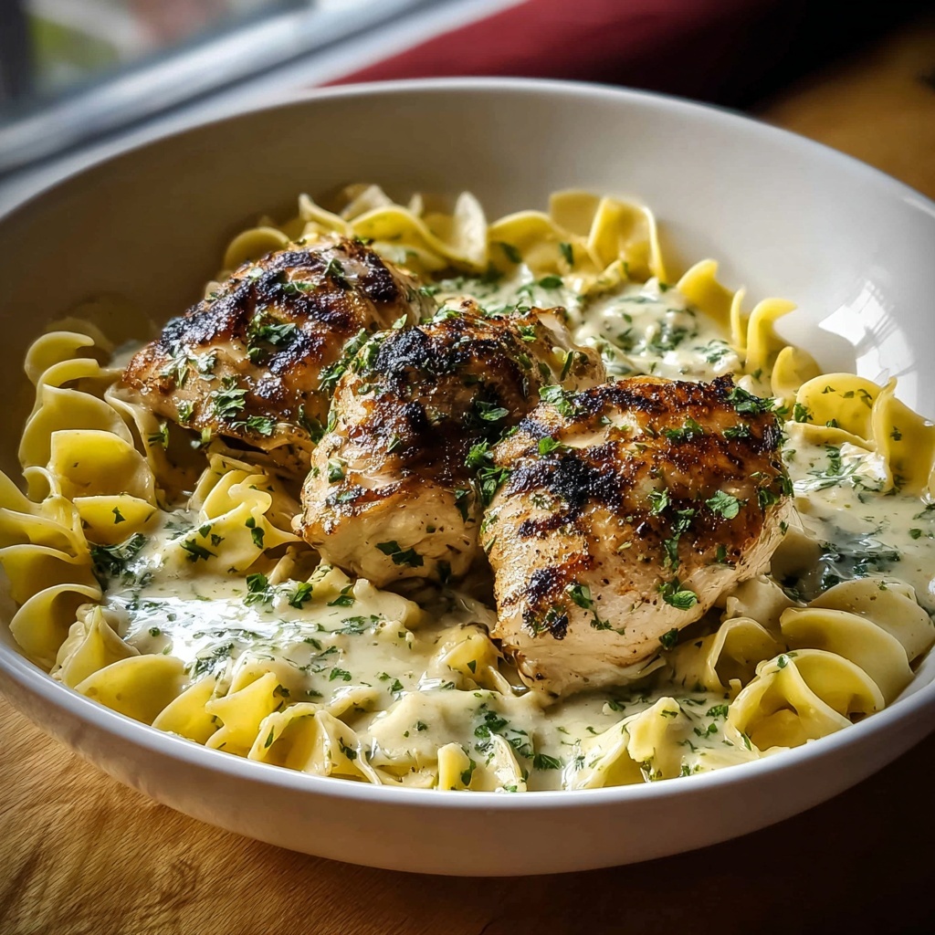 One Pan Creamy Garlic Butter Chicken with Egg Noodles Recipe - Recipe Image