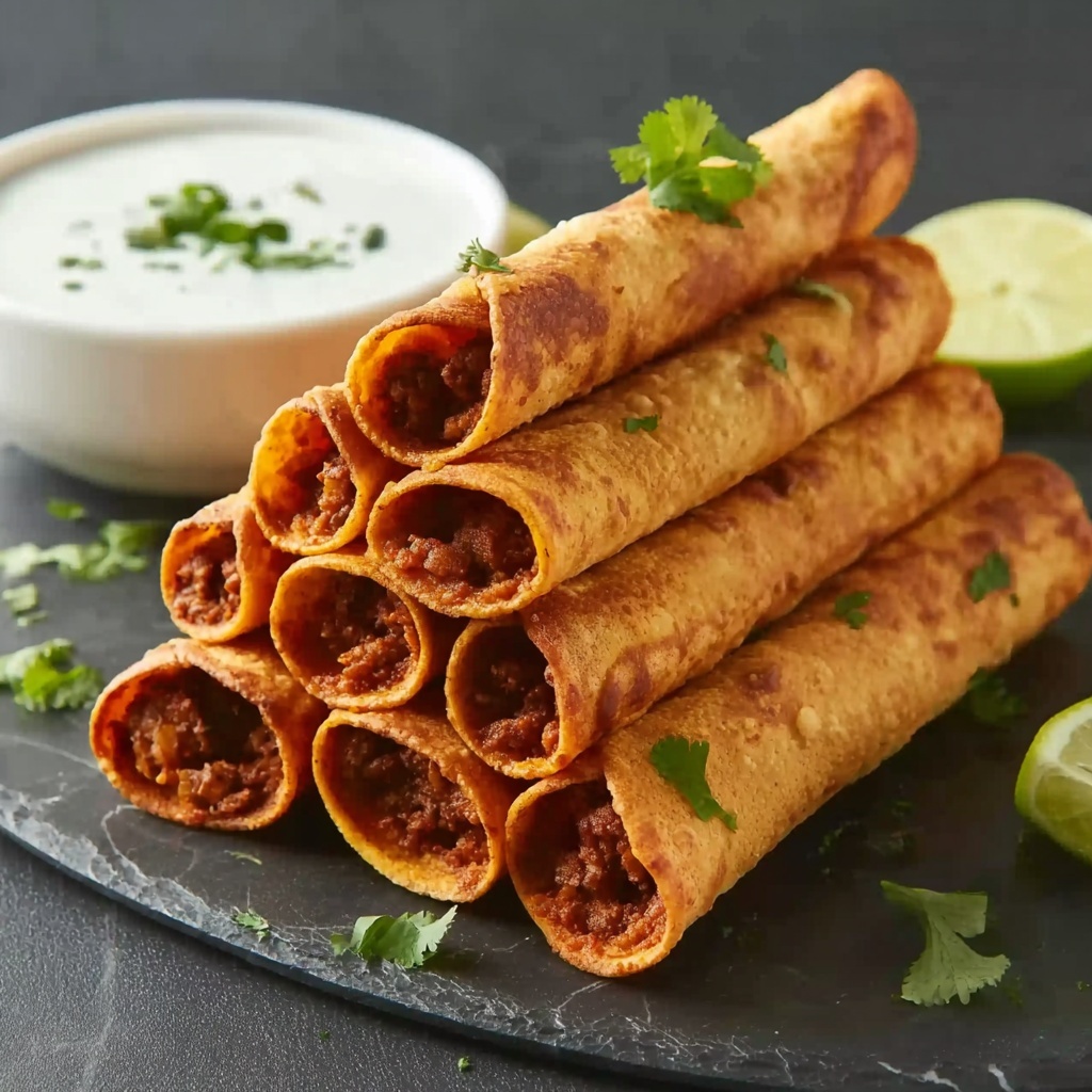 Bean & Cheese Taquitos with Green Chile Sour Cream Sauce Recipe - Recipe Image