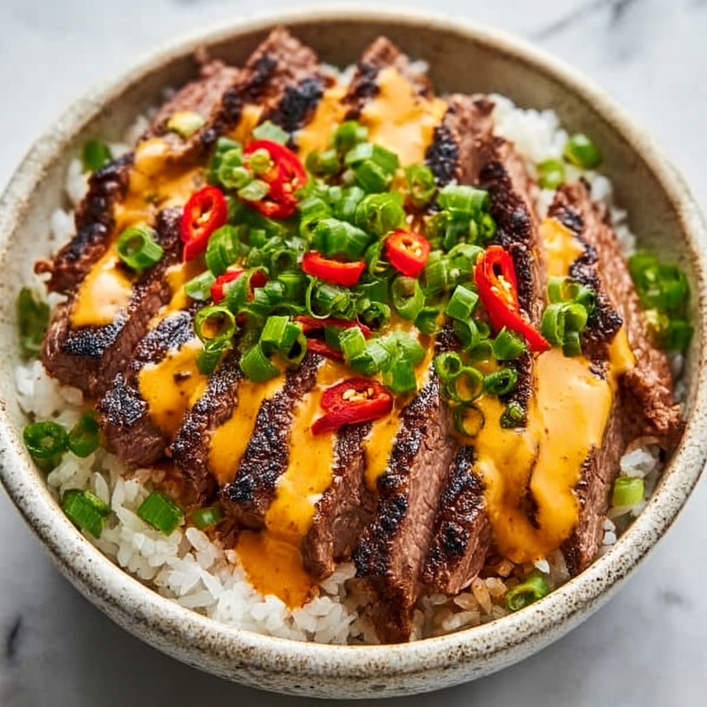 Korean BBQ Steak Rice Bowls with Spicy Cream Sauce Recipe - Recipe Image