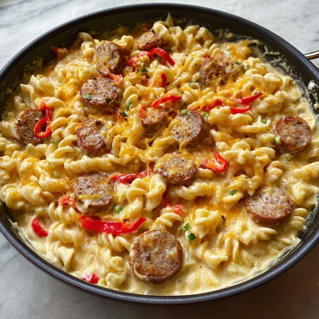 One Skillet Smoky Cajun Sausage Cheese Mac Recipe - Recipe Image