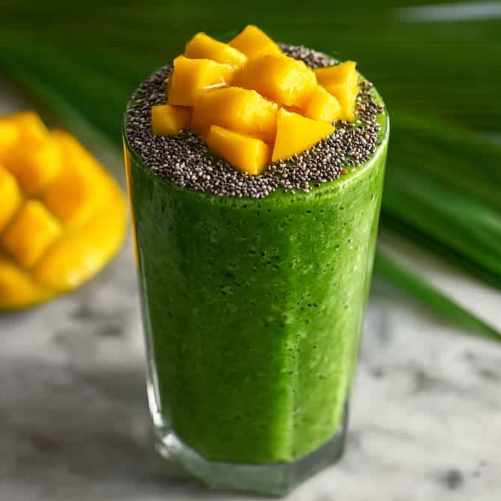 Healthy Tropical Green Detox Smoothie with Spirulina and Mango Recipe - Recipe Image