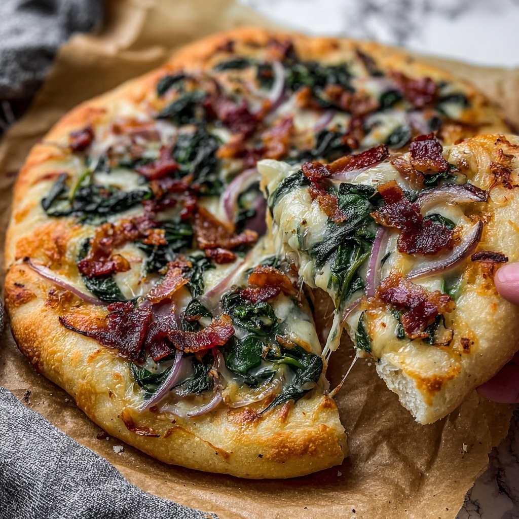 Bacon Spinach Pizza with Caramelized Onions Recipe - Recipe Image