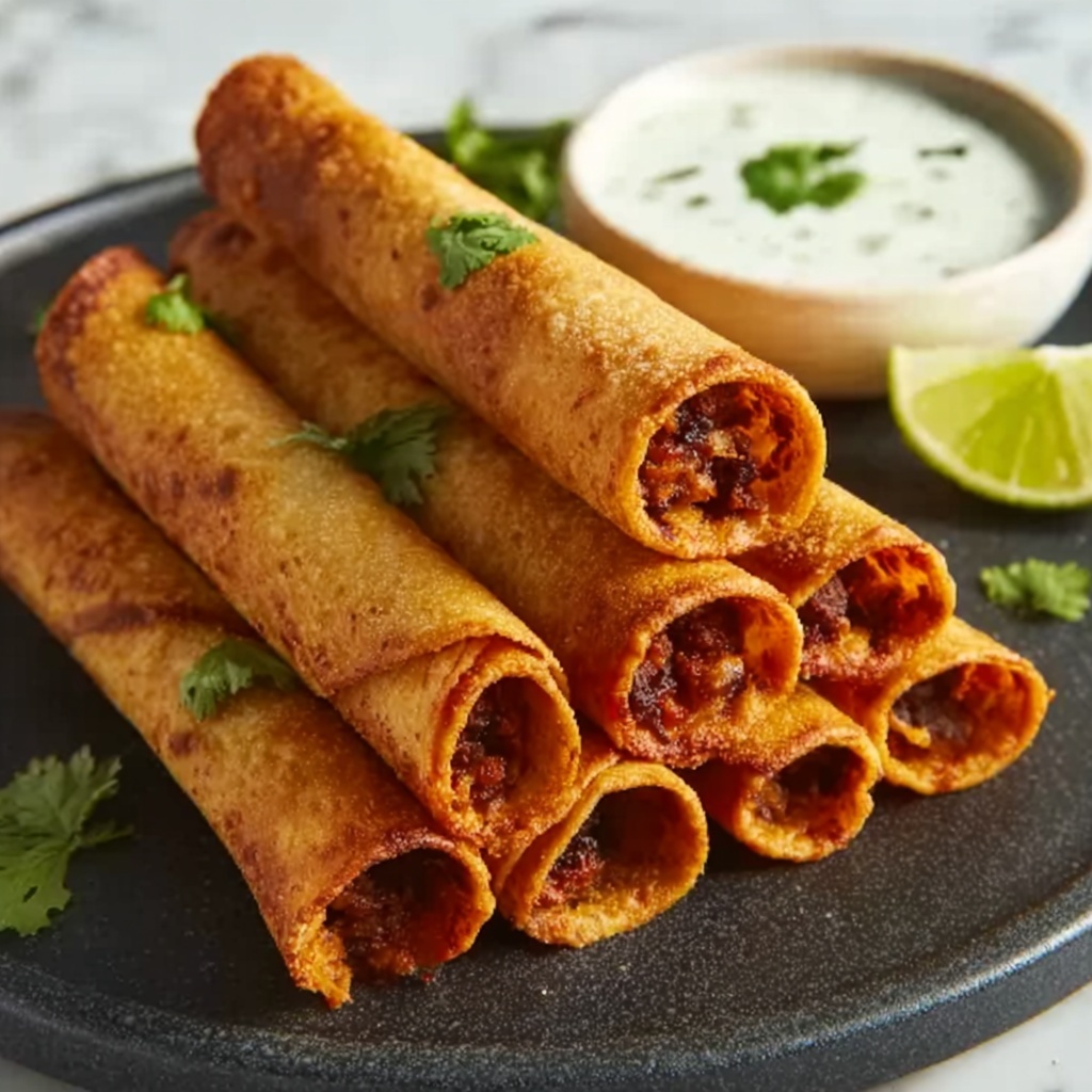 Bean & Cheese Taquitos with Green Chile Sour Cream Sauce Recipe - Recipe Image