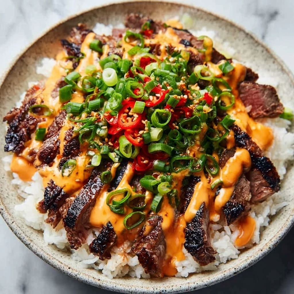 Korean BBQ Steak Rice Bowls with Spicy Cream Sauce Recipe - Recipe Image