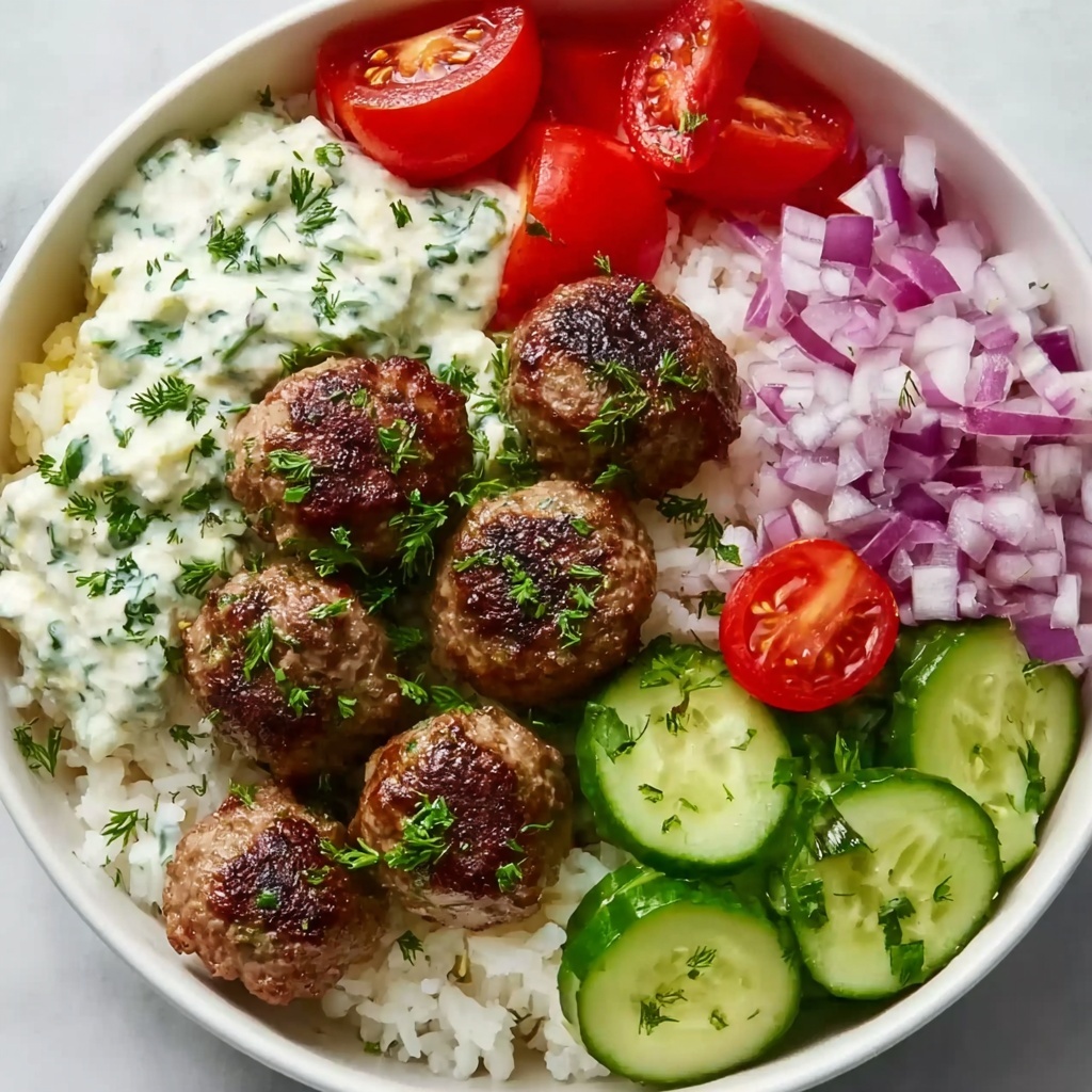 Greek Meatball Bowl with Tzatziki, Rice & Fresh Veggies Recipe - Recipe Image