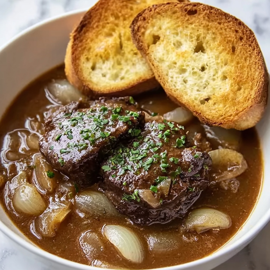 French Onion Beef Short Rib Soup with Melted Gruyère and Toasted French Bread Recipe - Recipe Image