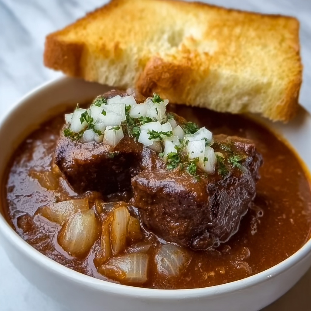 French Onion Beef Short Rib Soup with Melted Gruyère and Toasted French Bread Recipe - Recipe Image